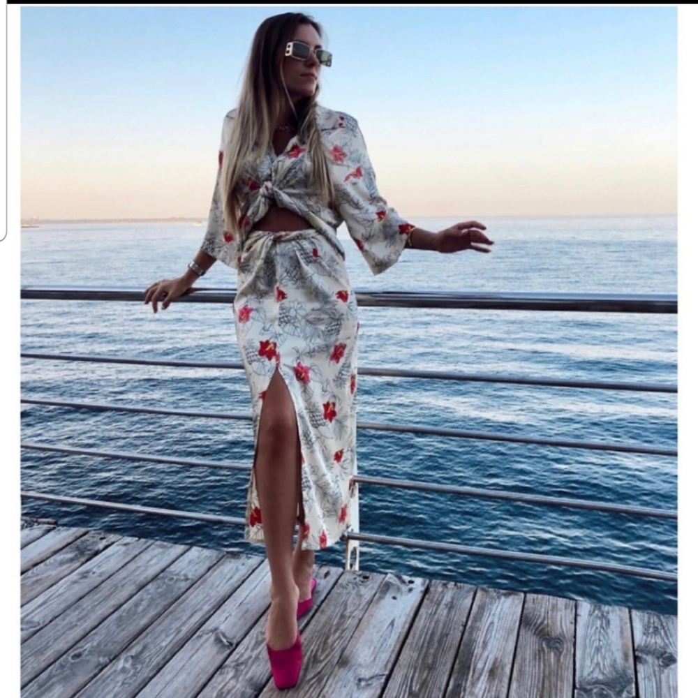 Zara Floral Button Down Shirt and skirt - Red and Cream